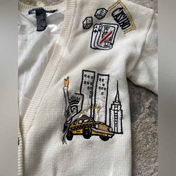 Vintage 90s IB Diffusion White Knit Lined Cardigan Sweater Embroidered Patches S - Picture 4 of 9